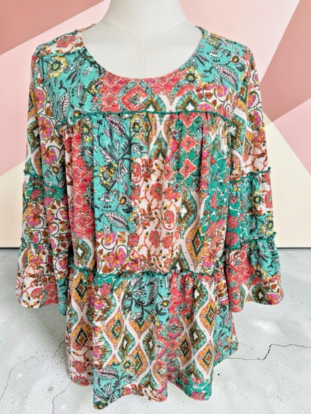 Cato Multi-Pattern Eyelet Boho Top With 3/4 Bell Sleeves-Size Medium-NWOT